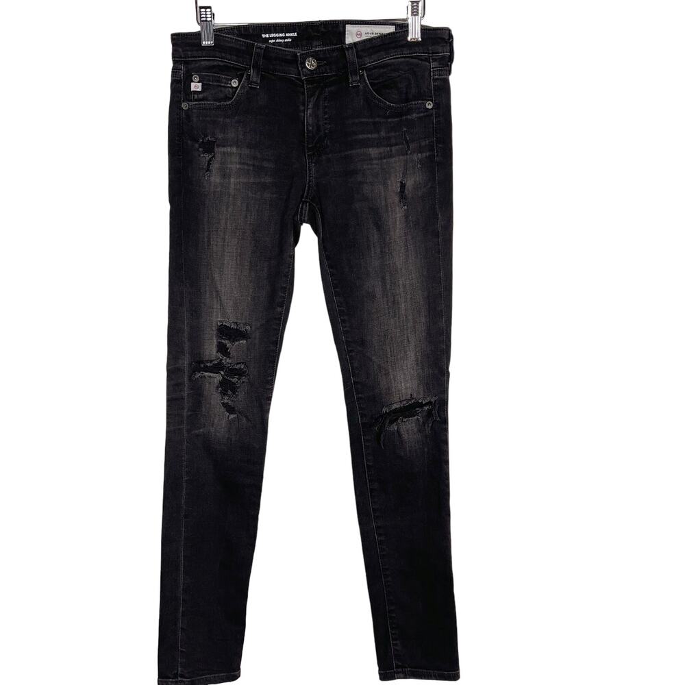 AG Adriano Goldschmied 27 Legging Super Skinny Ankle Jean Black Washed Destroyed
